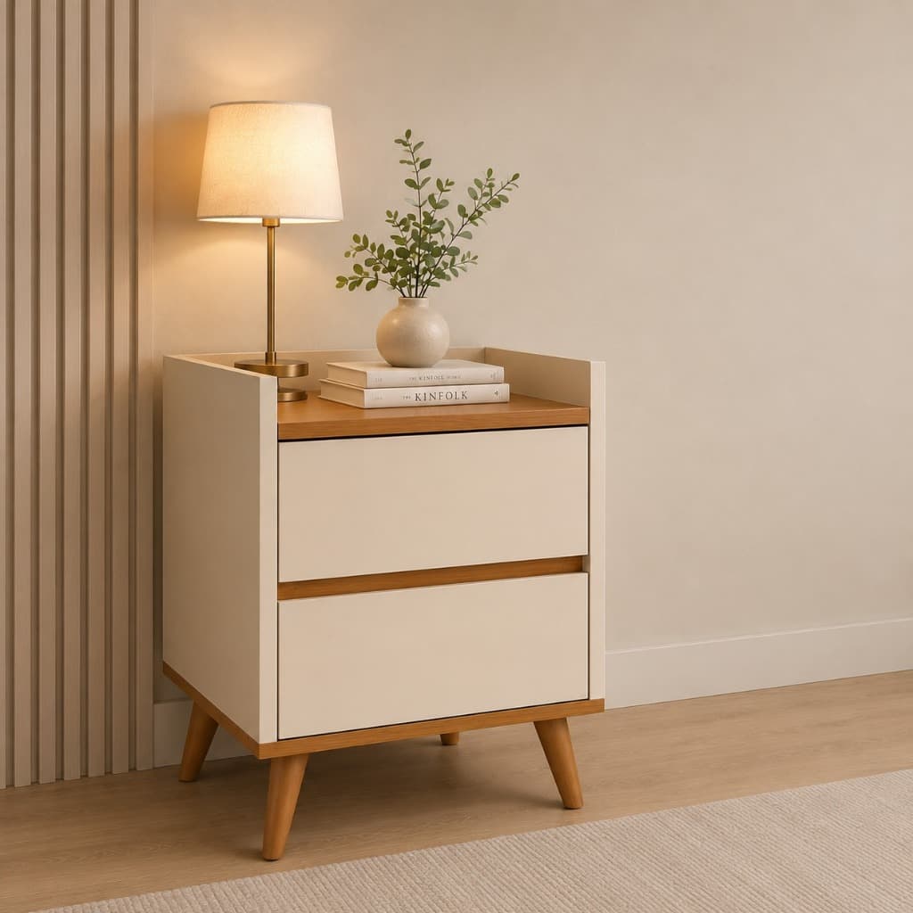 Mesa De Cabeceira 2 Gavetas Retro Pés Palito Para Quarto Pequena Multiuso Criado-Mudo Apoio Lateral Cores Variadas