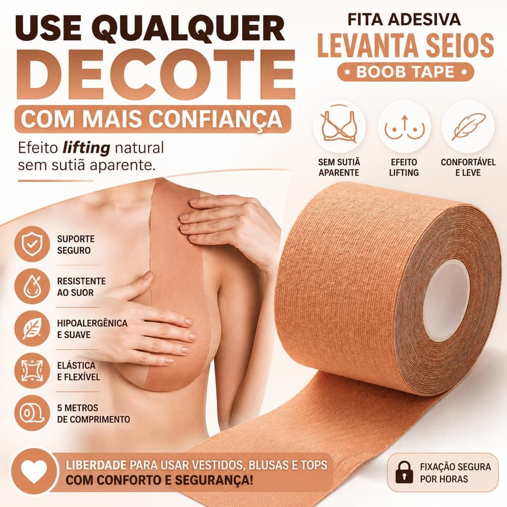 Fita Adesiva Levanta Seios Boob Tape 5 Metros Hipoalergênica Sutiã Invisível Resistente ao Suor