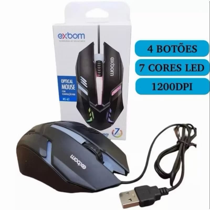 Mouse Gamer Óptico USB RGB Exbom MS-62 1200 DPI para PC e Notebook