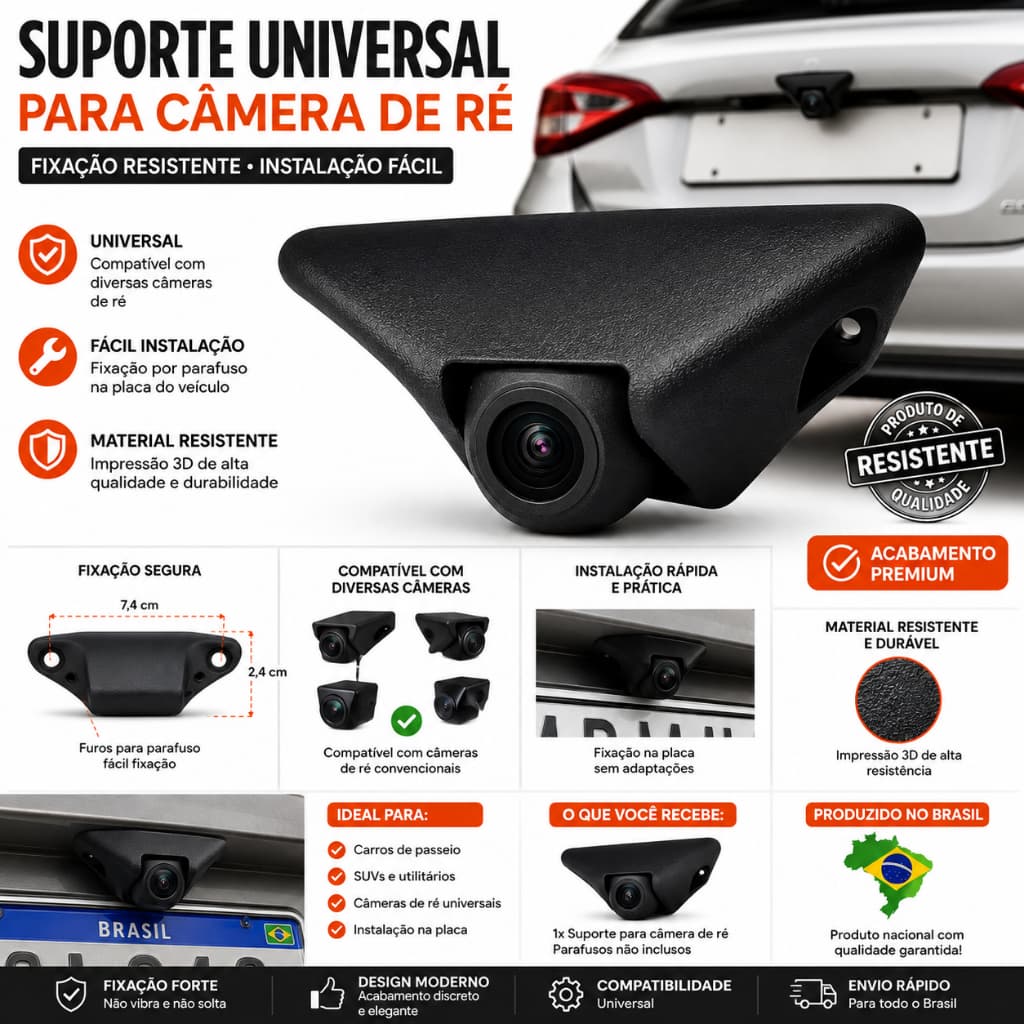 Suporte para Câmera de Ré Universal Borboleta Automotiva Fixação Placa Carro Resistente