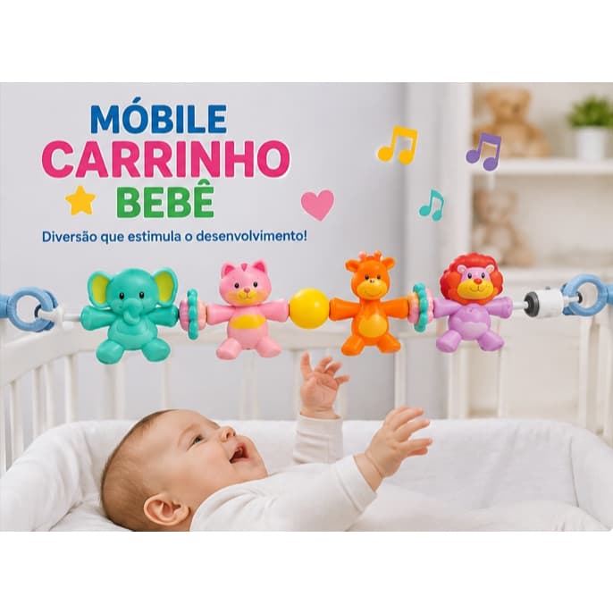 Mobile para Bebê Carrinho Berço e Bebê Conforto com Chocalhos Animais Safari Brinquedo Infantil Colorido