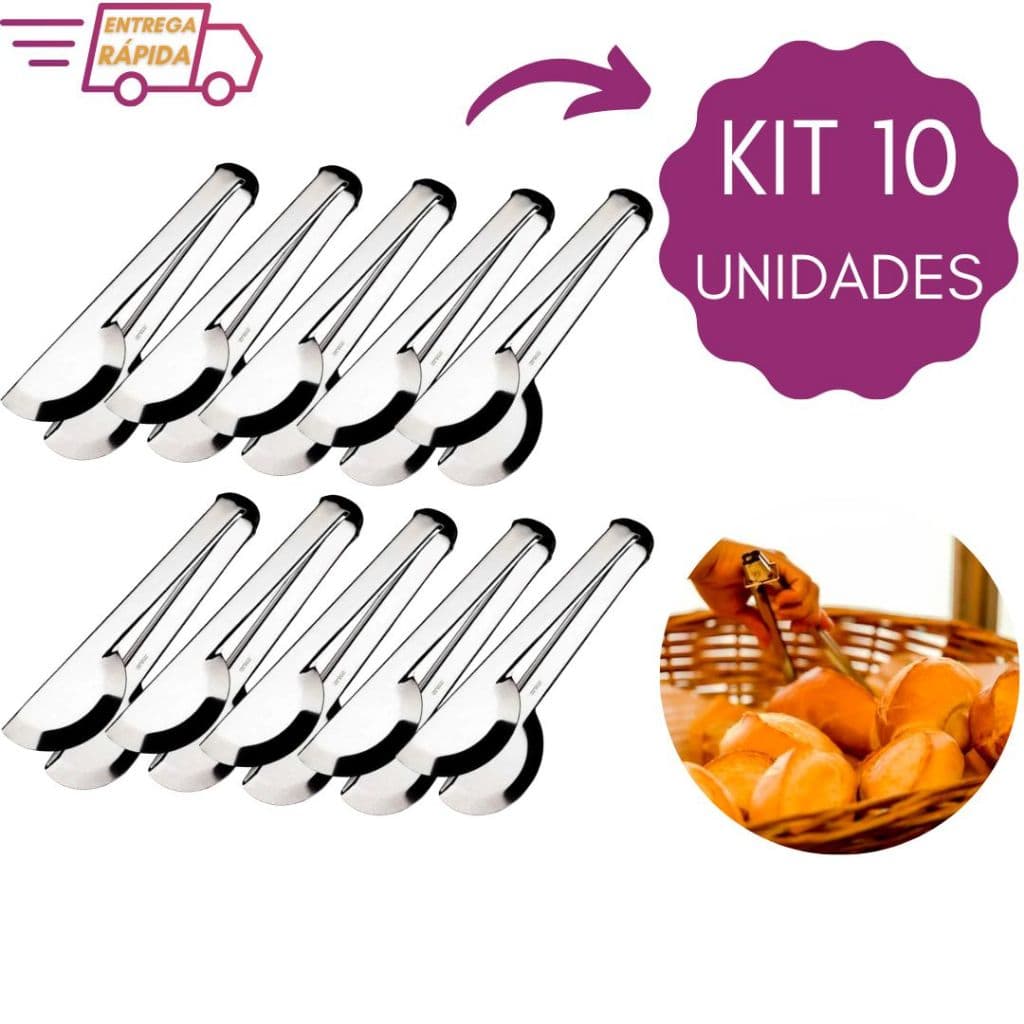 Kit 10 Pegador Universal Pães Inox 20 cm Padaria Buffet Restaurante Cozinha