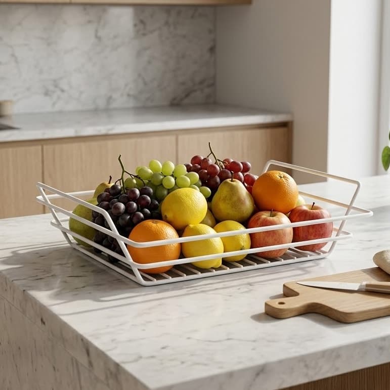Cesto de Frutas Aramado Multiuso Organizador para Cozinha Frutas Pães e Legumes Fruteira Branca