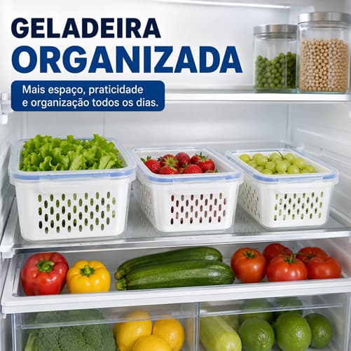 Conjunto 3 Potes Herméticos com Cesto Branco para Frutas Verduras Legumes Armazenamento Geladeira Organização Cozinha