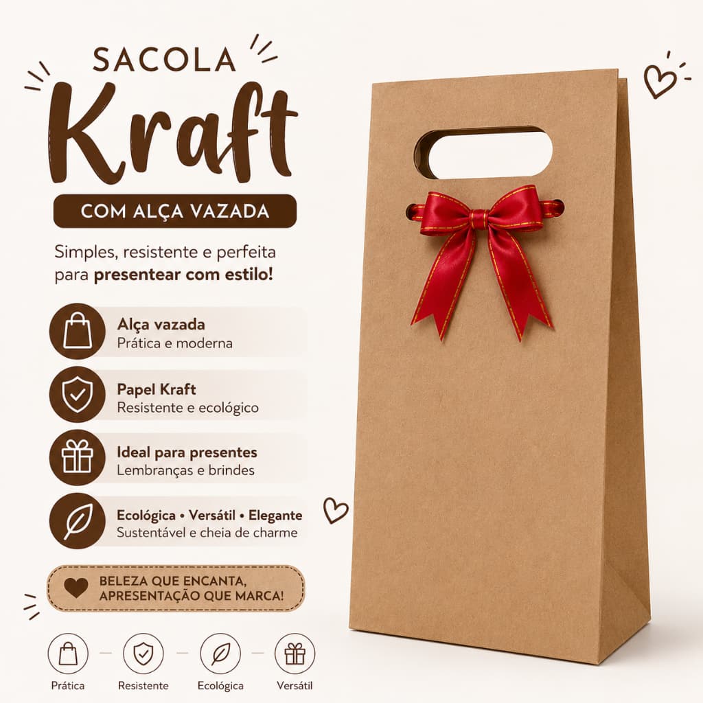 Sacola para Vinho e Presente com Alça Vazada Kraft 14x10x42