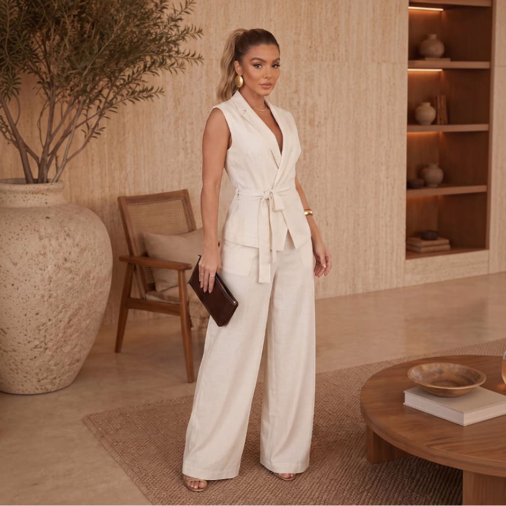 Conjunto Feminino Blusa Colete Calça Wide Leg Alfaiataria Elegante Evento Confortável Bolsos