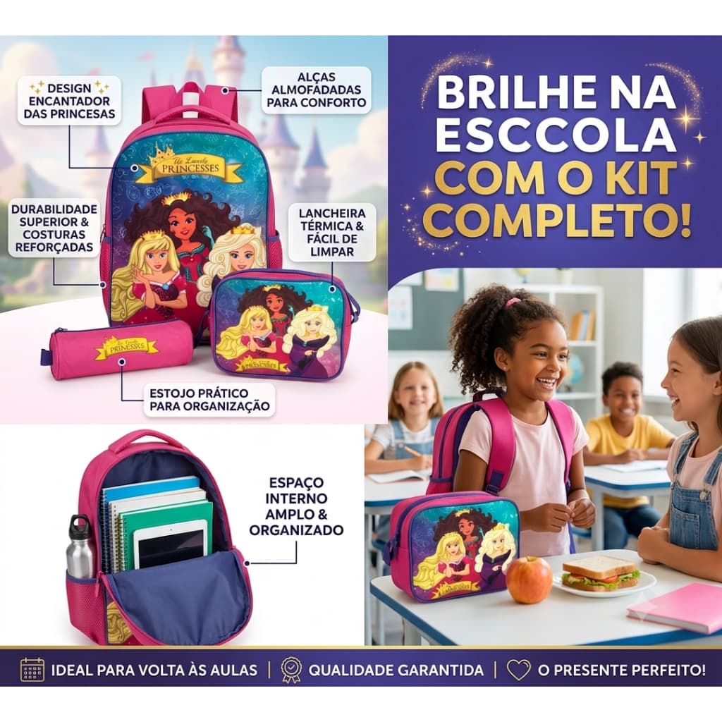 Kit Mochila Escolar Infantil Feminina Disney Princesas Rosa Com 3 Peças Conjunto Resistente Leve