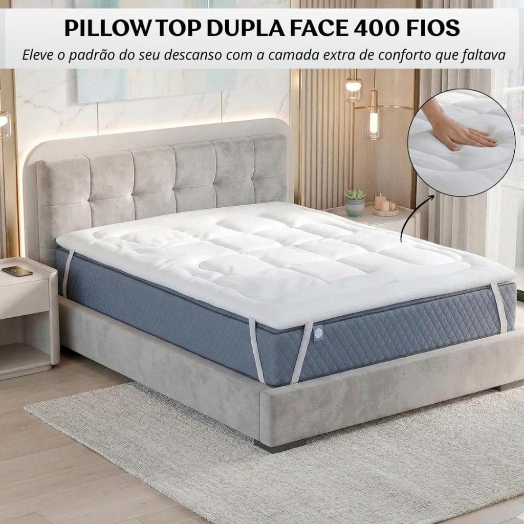 Pillow Top Cama Casal 1,88m x 1,38m Protetor De Colchão Box Macio Aveludado 400 Fios Com Elástico