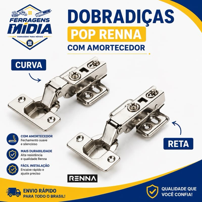 Kit 2 Dobradiças Para Armários Com Amortecedor Reta E Curva Renna