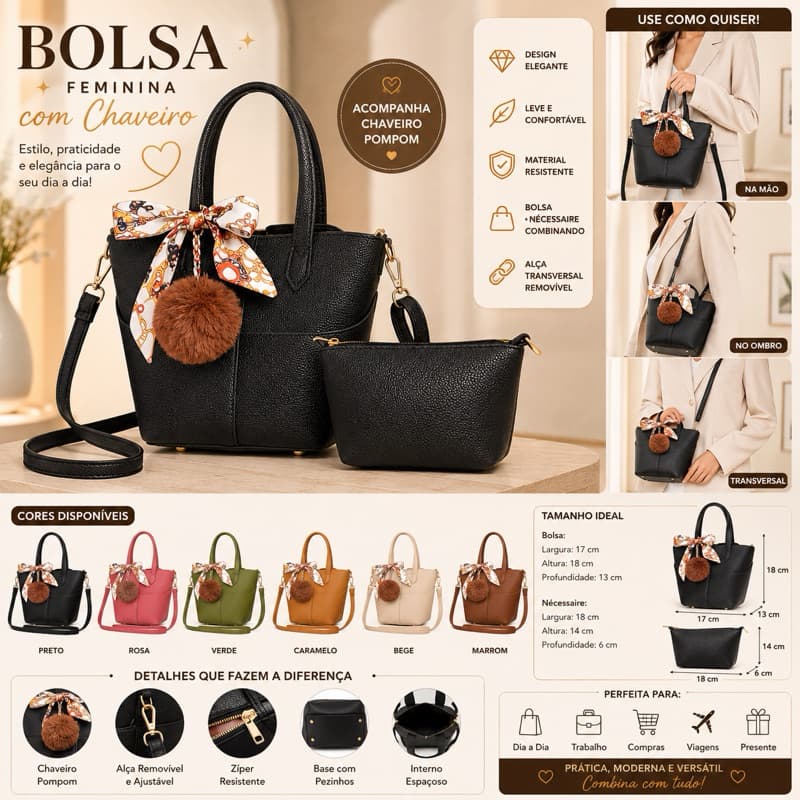 Bolsa Feminina Transversal com Necessaire, Chaveiro Pompom e Lenço – Bolsa de Mão Elegante com Alça Removíve 06104