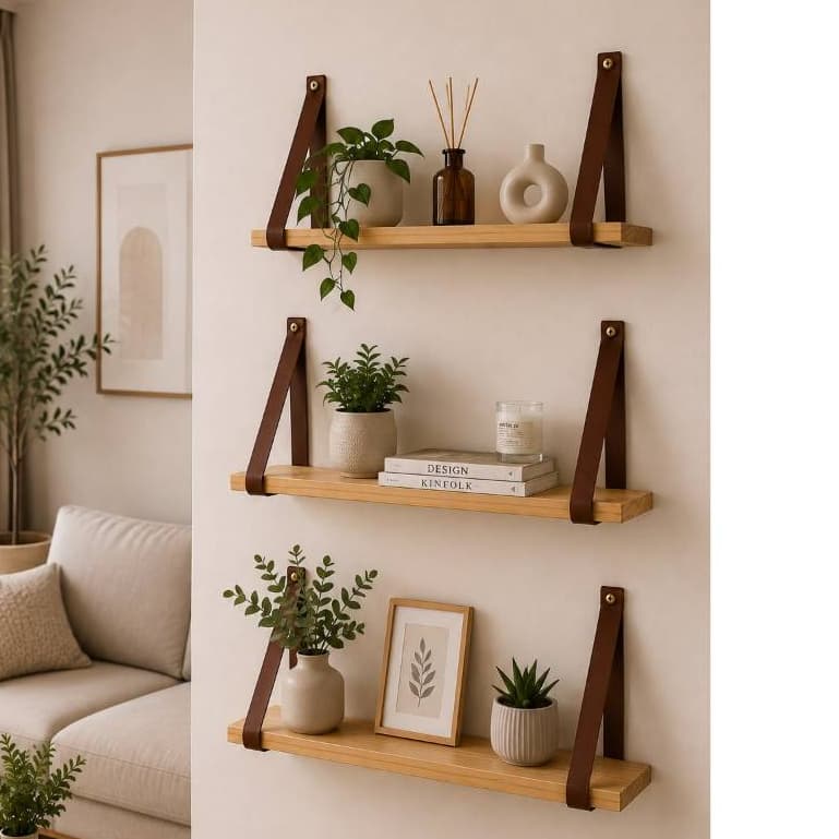 kit 3 Prateleira Suspensa de Parede em Pinus com Couro 40cm | Decorativa e Organizadora