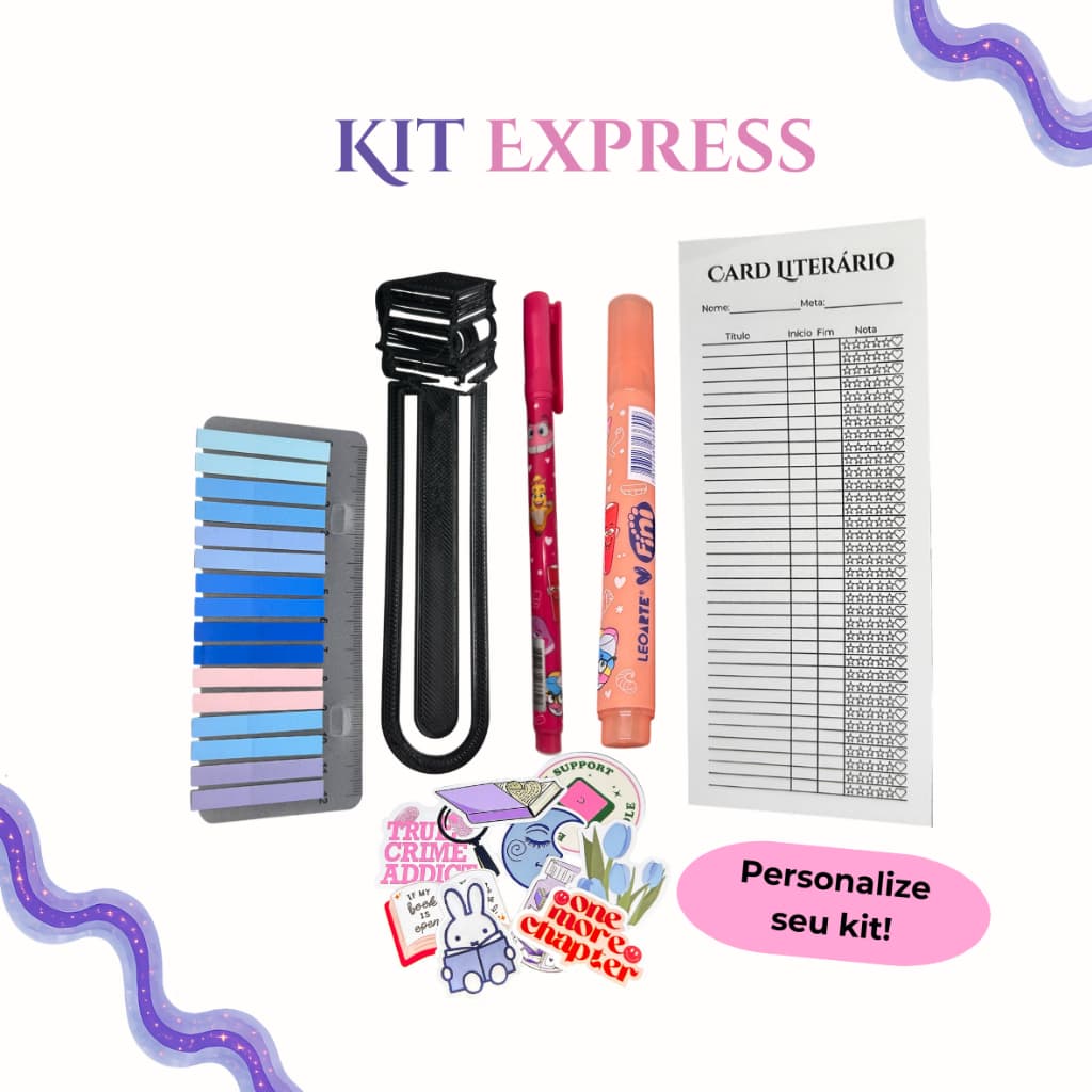 Kit Express | Kit literário com marca página, marcador de texto, post-its marcadores de livros, adesivos e caneta