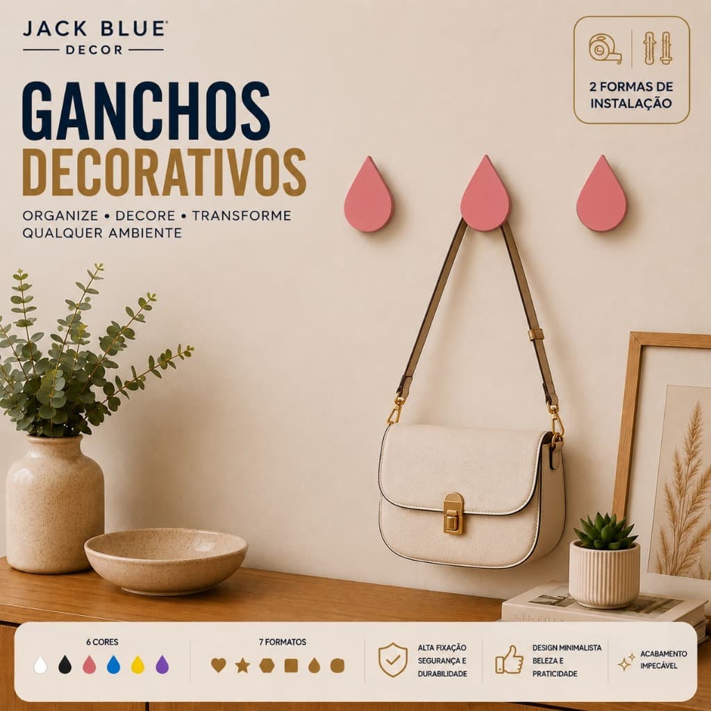 Kit Ganchos Parede Gota Fita Dupla 3M ou Parafuso  Suporte Cabideiro Multiuso Bolsa Toalha Mochila Casacos   Decorativos