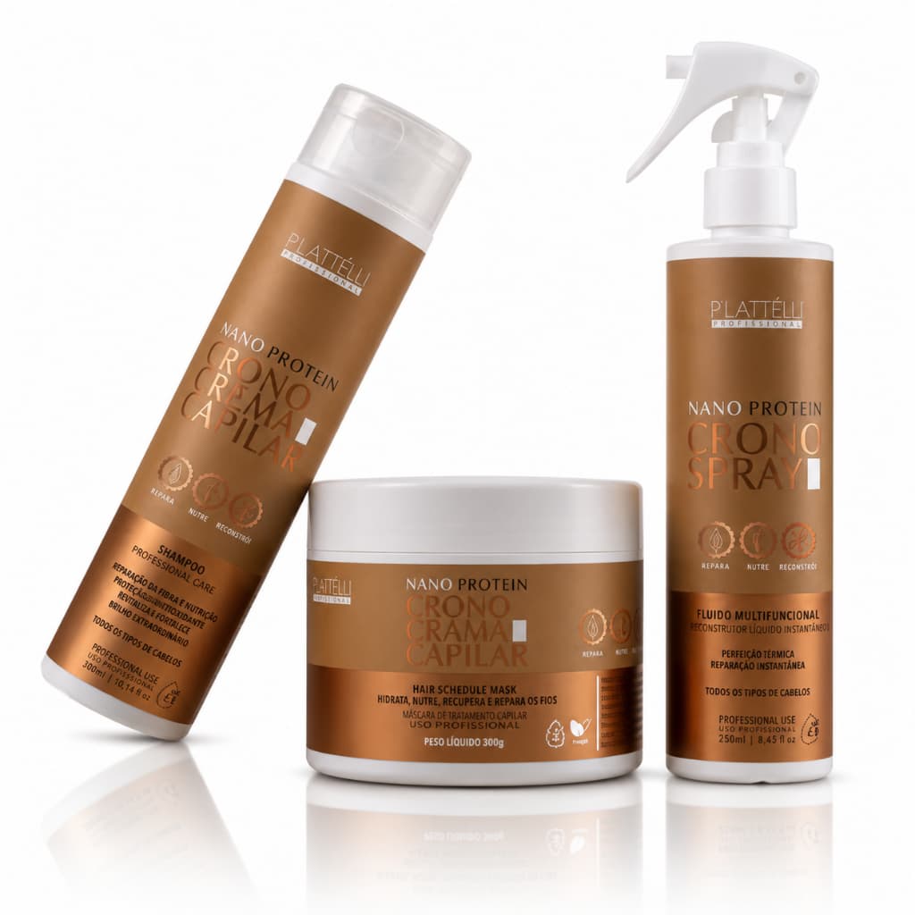 Kit Nano Protein Shampoo Máscara Cronograma Capilar Spray Reconstrução Capilar Profissional 3 Etapas