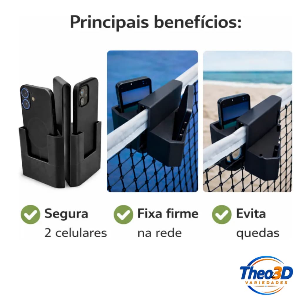 Suporte Duplo De Celular Pra Rede - Filmar Jogos de Beach Tennis, Tennis, Vôlei, Badminton