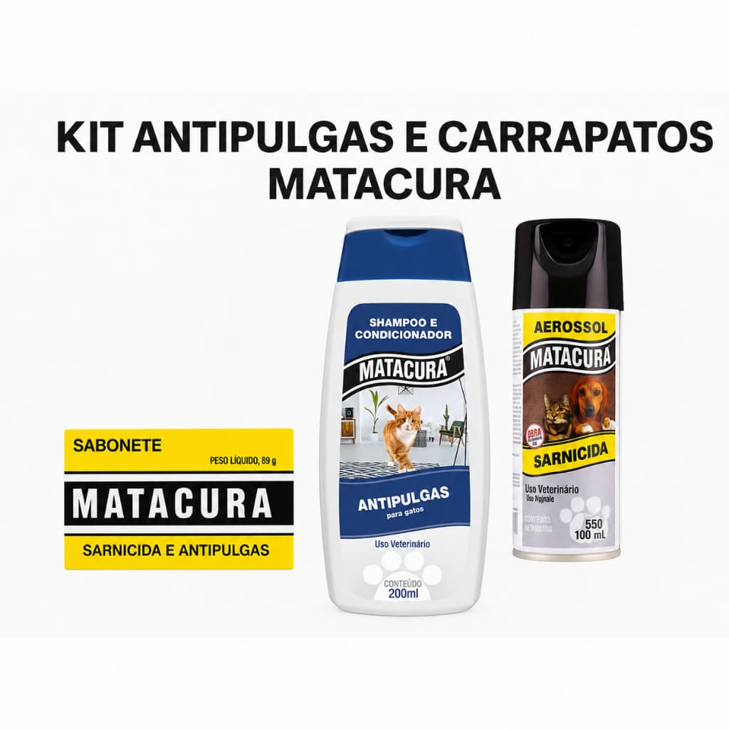 KIT SARNICIDA ANTIPULGAS MATACURA - SABONETE SHAMPOO CONDICIONADOR E SARNICIDA AEROSOL