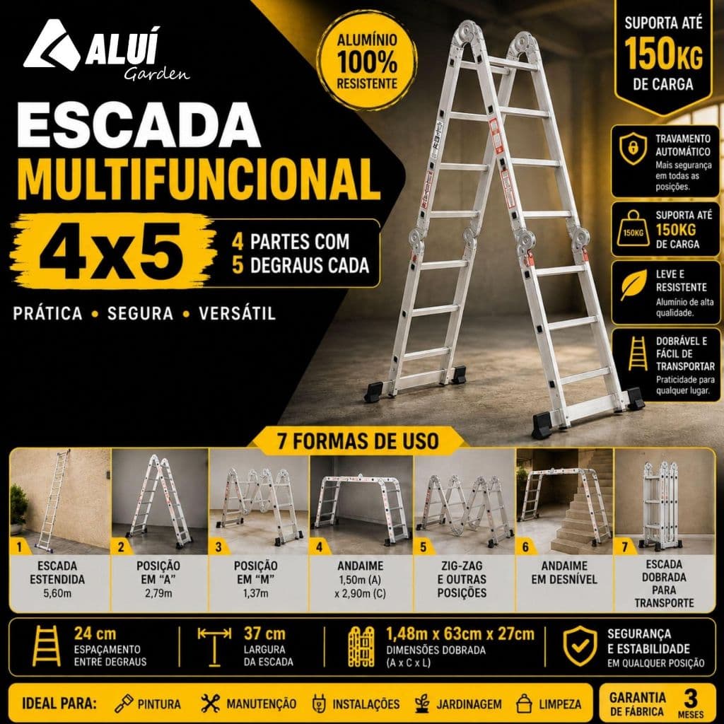 Alui Garden Escada Articulada Andaime Multifuncional Aluminio 4x5 20 Degraus 5,60m Dobrável 150Kg