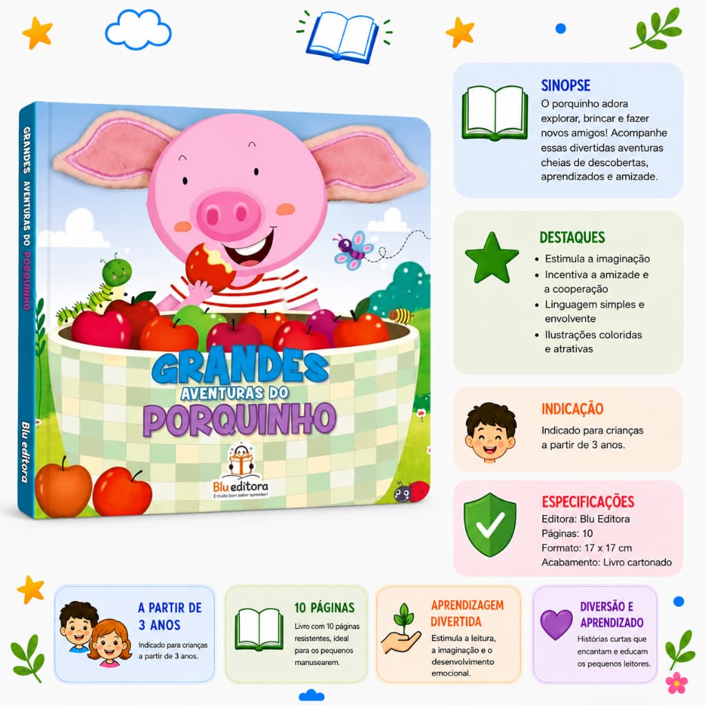 Livro Infantil Grandes Aventuras Porquinho Orelhas Fofinhas | Blu Editora + 3 anos