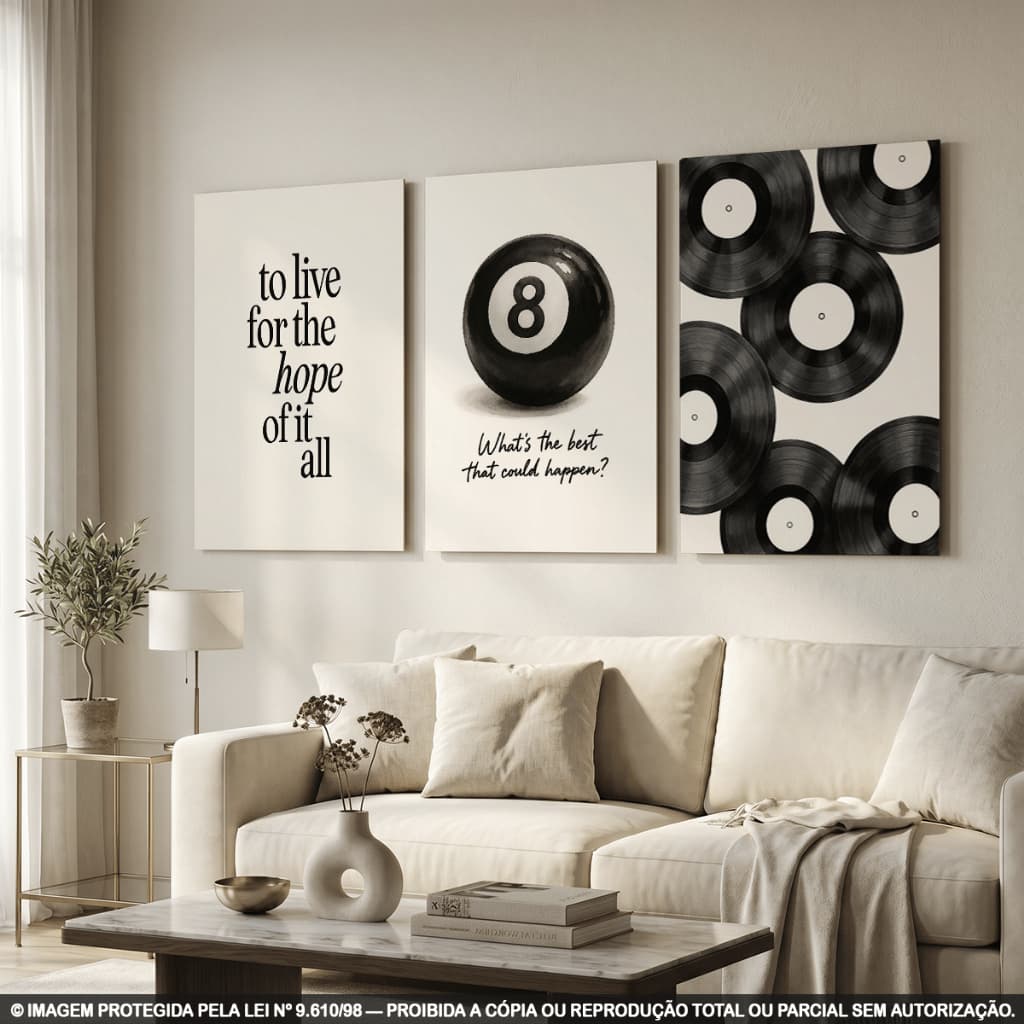 Kit 3 Quadros Decorativos Bola 8, Discos de Vinil e Frase Motivacional | Preto e Branco Minimalista | Decoração Moderna