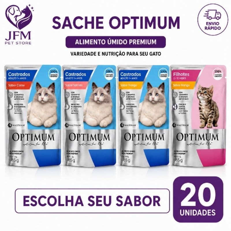 OPTIMUM Ração Úmida para Gatos sache 85g KIT 20 und (ESCOLHER O SABOR)