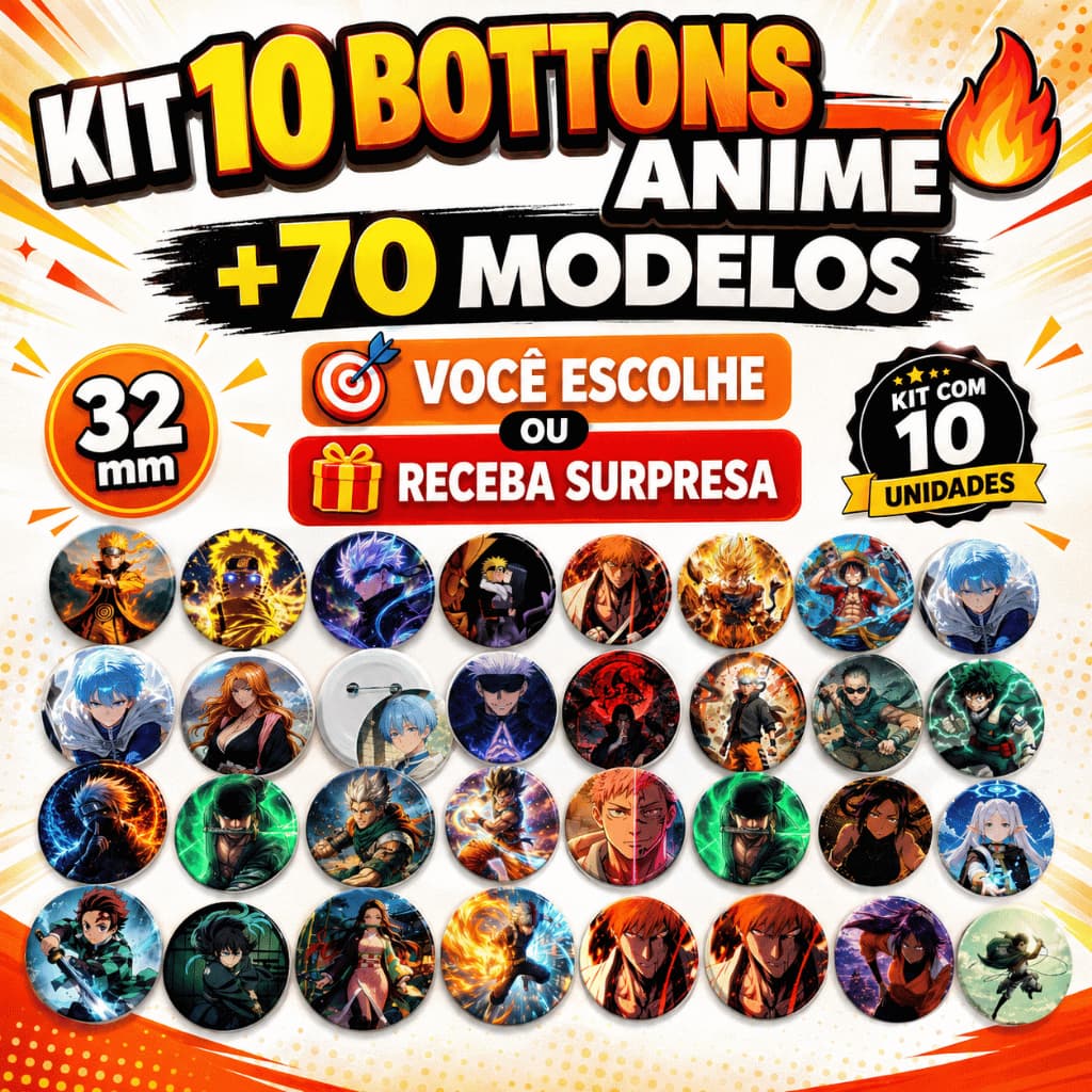 Kit 10 Bottons Anime 32mm | Naruto One Piece Jujutsu Dragon Ball Demon Slayer | Escolha ou Surpresa