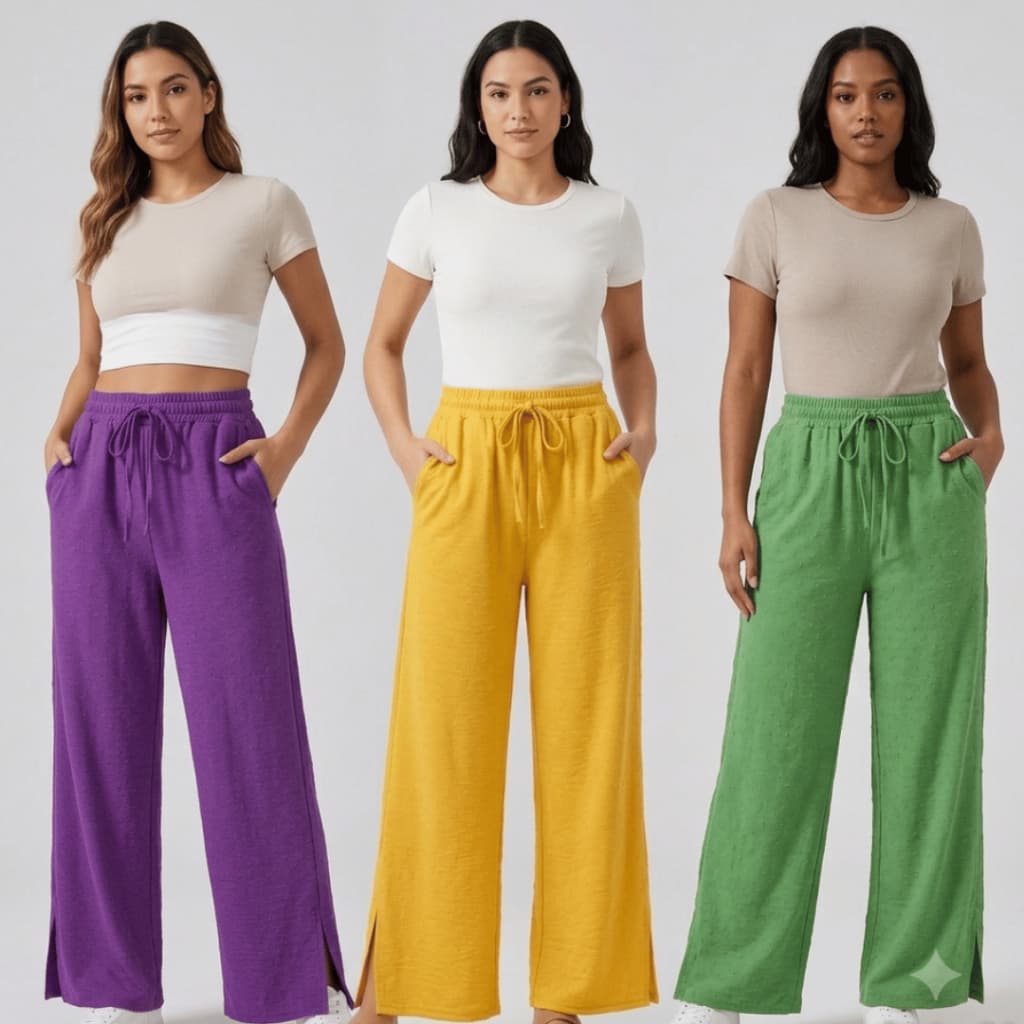Kit 2 Calças Feminina Pantalona Wide Leg Texturizada Estilo Blogueira Com Fenda E Elástico Na Cintura Duna Pipoca
