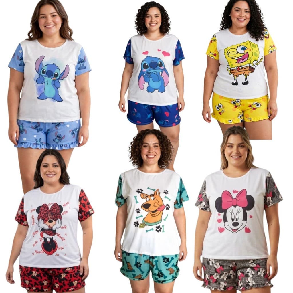 Pijama plus size vevão femenino baby dool blusa manga curta e short personagens conjunto luxo pra dormir
