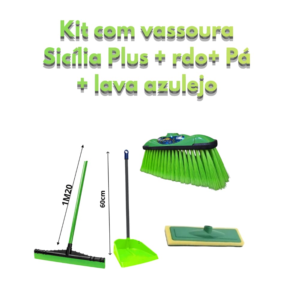 Vassoura Sicília Plus Rodo 40cm Pá longa e Lava azulejo com cabos listrados