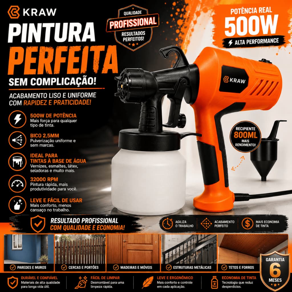 Pistola de Pintura Elétrica 500W 800ml Pulverizador Bico 2,5mm 220V KRAW KK-1820 Profissional