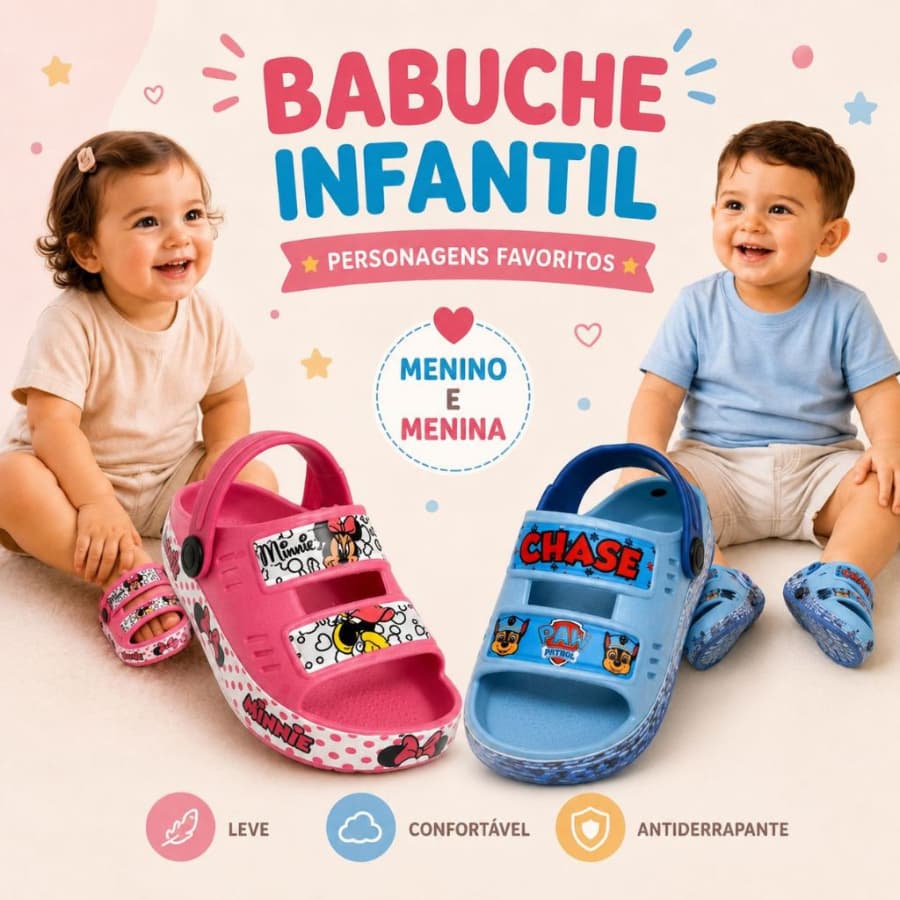 Babuche Sandália Infantil Minnie Patrulha Canina Stitch Mickey Sandália Papete Antiderrapante Menina Menino