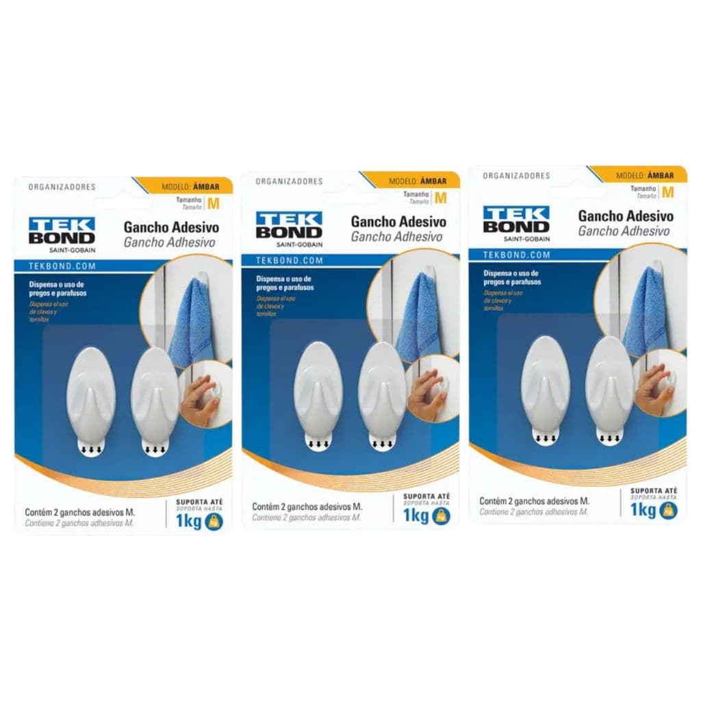 Kit 3 Gancho Adesivo Tekbond Âmbar Branco Plástico M