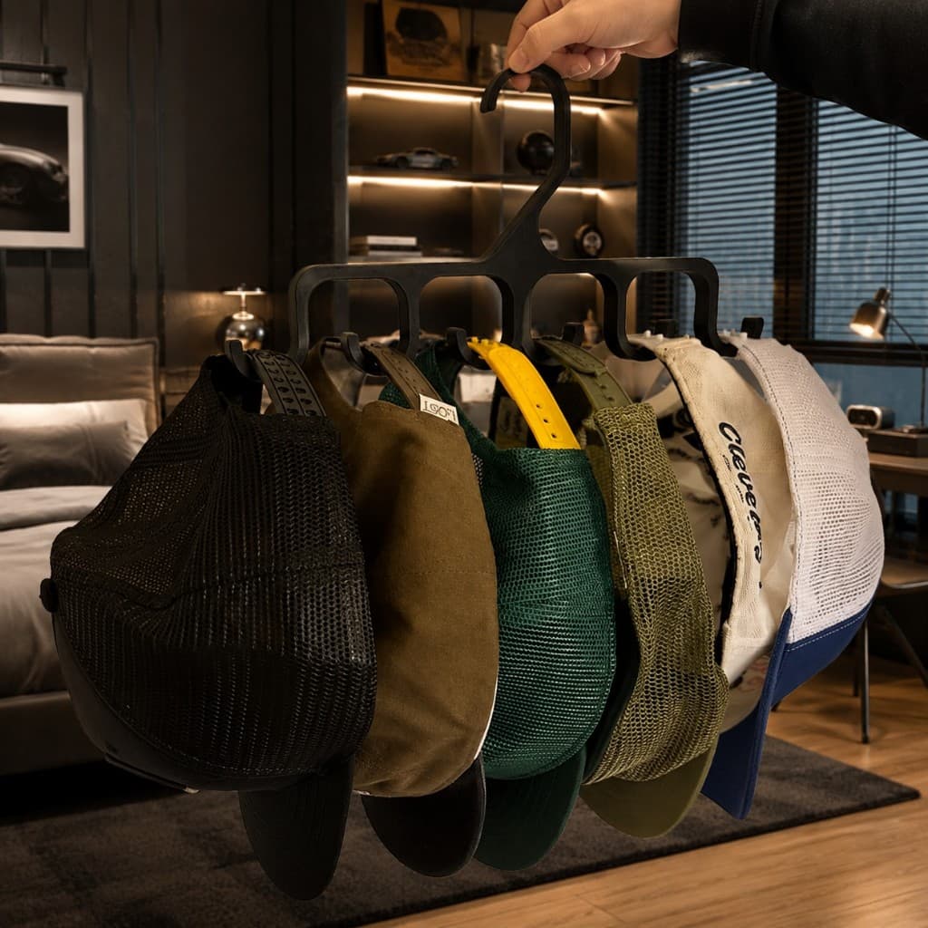 Organizador de Bonés para Guarda-Roupa – Cabide Multifuncional com 5 Ganchos