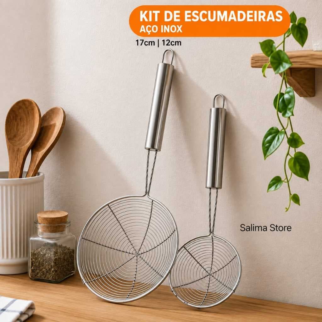 Kit Escumadeira de Fritura Inox Aramada 12/17cm Utensílio de Cozinha para Pastel Salgados Óleo Quente ENVIO IMEDIATO
