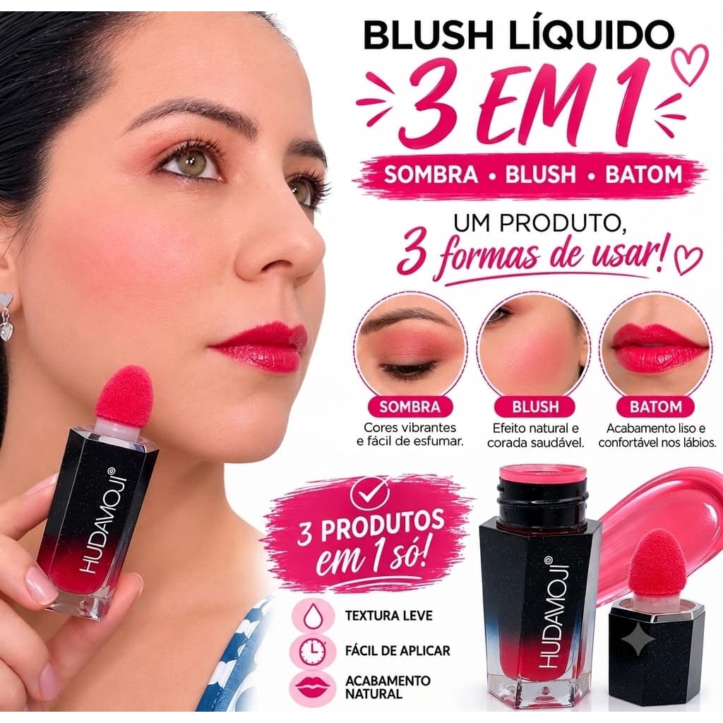 Blush Líquido Color Bloom HudaMoji 3em1 - Alta Pigmentação e Efeito Natural Glow