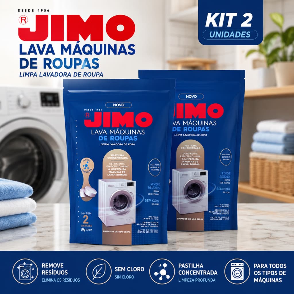 Kit 2 Pastilhas Limpa Máquina de Lavar Roupas Elimina Odor Mofo Bactérias Higienizador Limpeza Profunda 20g Jimo
