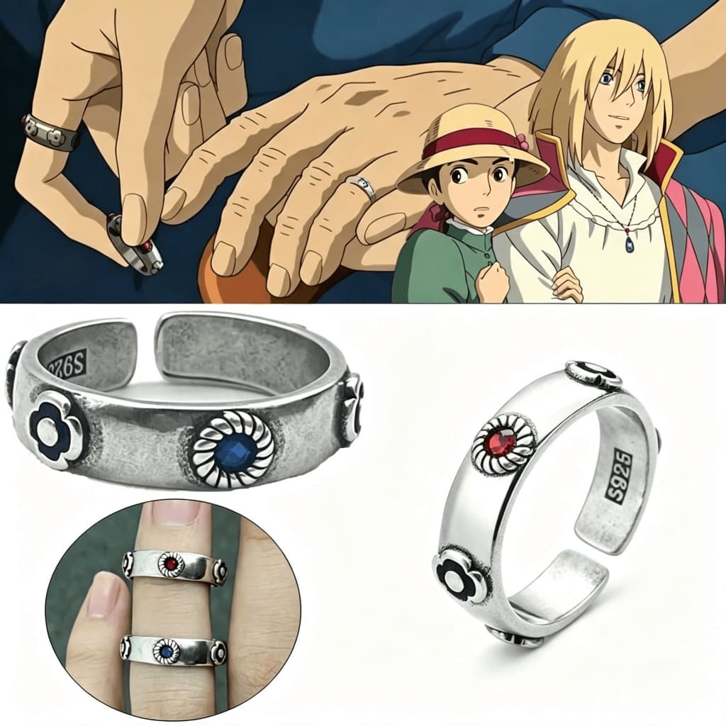 Par de Anéis Howl e Sophie Ajustável O Castelo Animado, Aliança Casal Anime Presente Romântico Prateado Para Ele e Ela