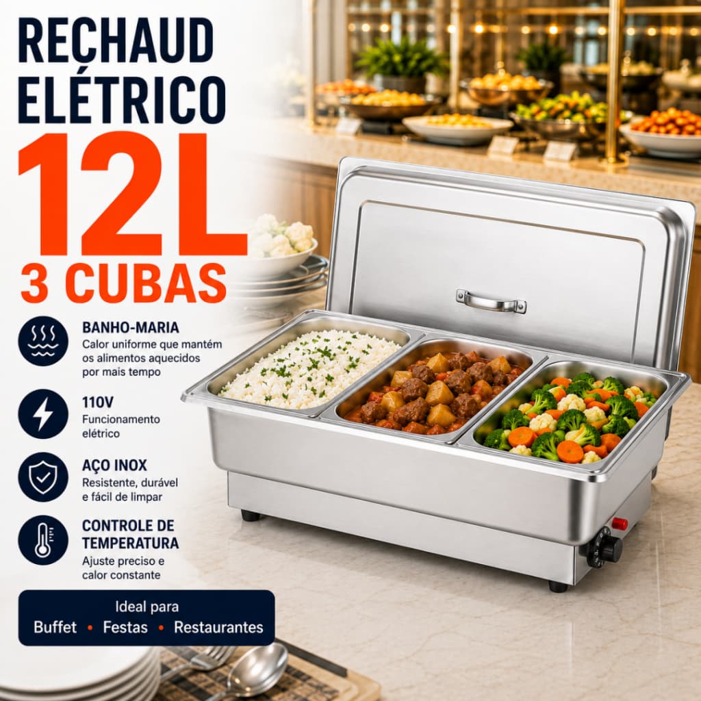 Rechaud Elétrico 12L 110V Inox com 3 Cubas Banho-Maria Controle de Temperatura para Buffet Restaurante Festas