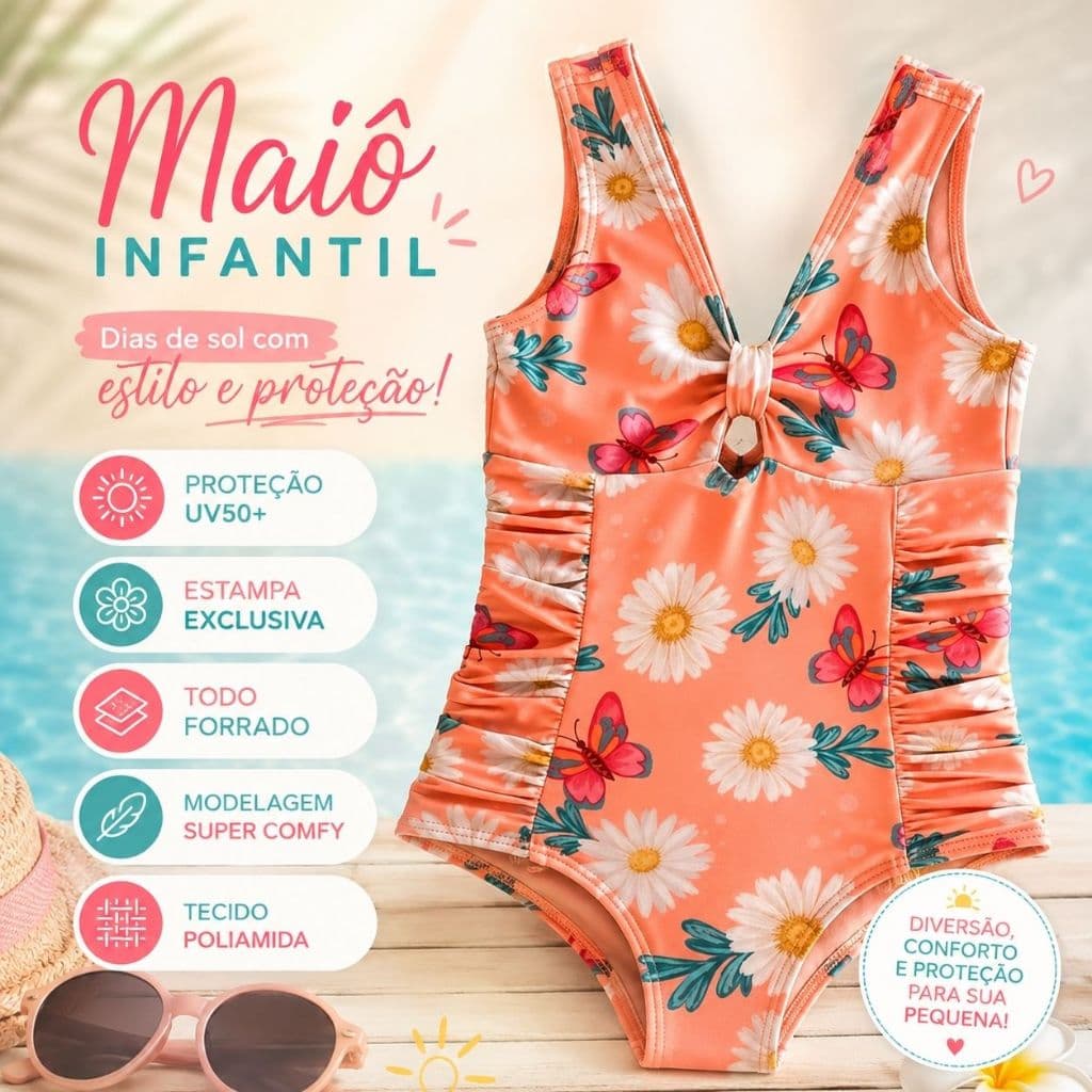 Maiô Infantil Juvenil Menina OFERTA I Proteção UV50+ I Todo Forrado I Confortável e Seguro para Praia e Piscina