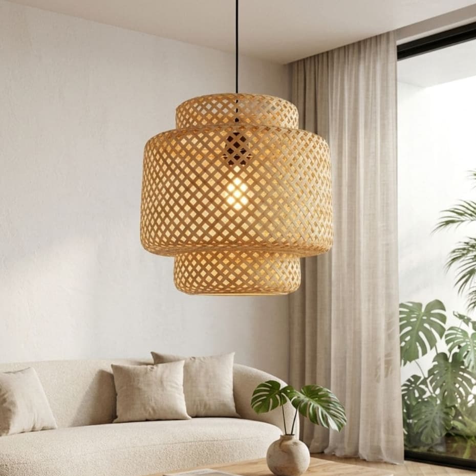 Luminária de Teto Lustre 40cm Pendente Bambu Cayman Rústico Fibra Natural Sala Cozinha Bancada