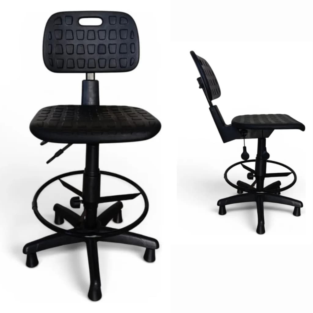 Cadeira Industrial Ergonômica NR17 Giratória Profissional PU Aro Apoio Pés Sapata Fixa
