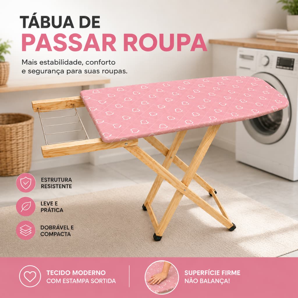Tábua de Passar Roupas Tradicional de Madeira 2 Regulagens de Altura Tecido Premiun Modelos Sortidos