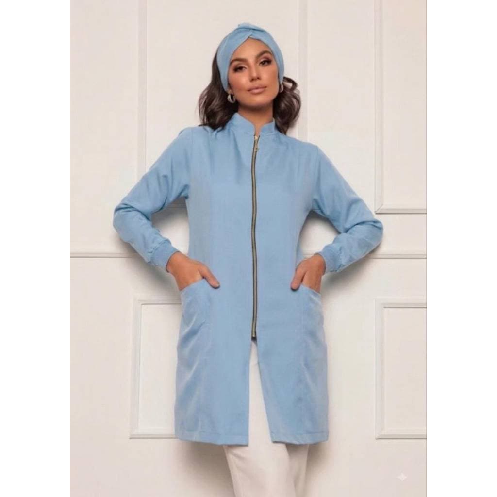 Jaleco Feminino com Zíper Nice + Turbante Azul Claro Gardenia Jalecos