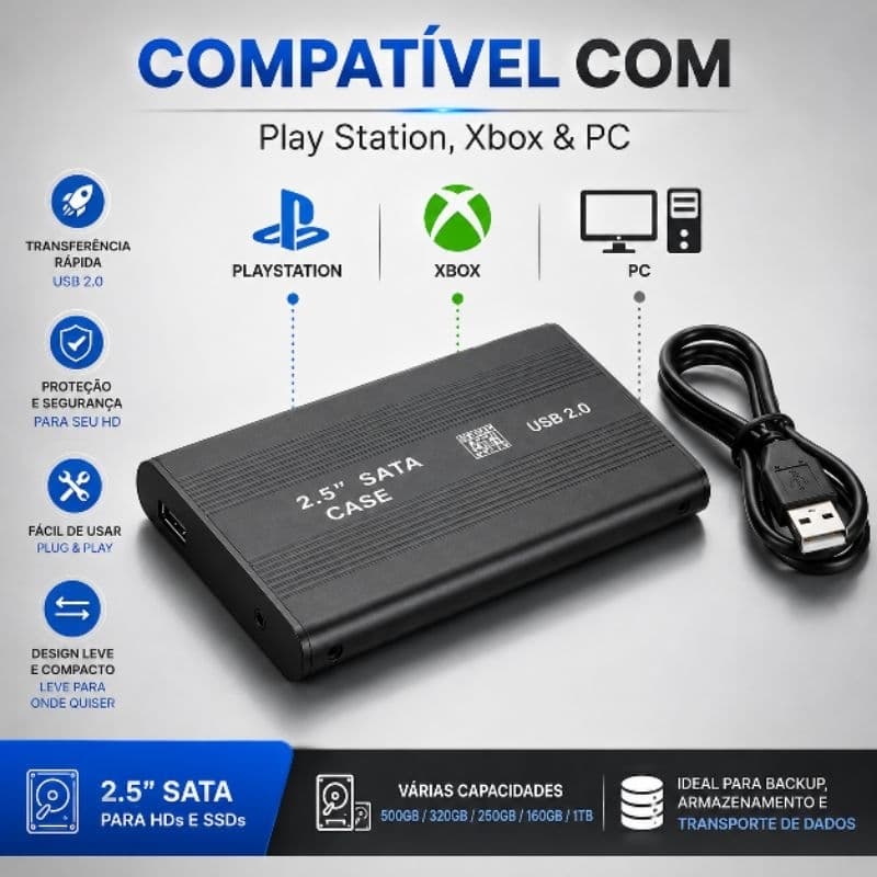 HD Externo 2.5" 320GB / 500GB + Case USB 2.0 – HD SATA Completo, Pronto para Usar