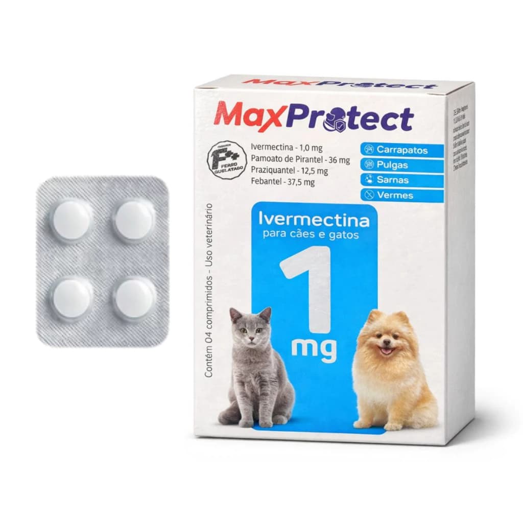 Ivermectina 1mg para Cães e Gatos Remédio pra Carrapato Pulga Sarna Verme - 4 Comprimido