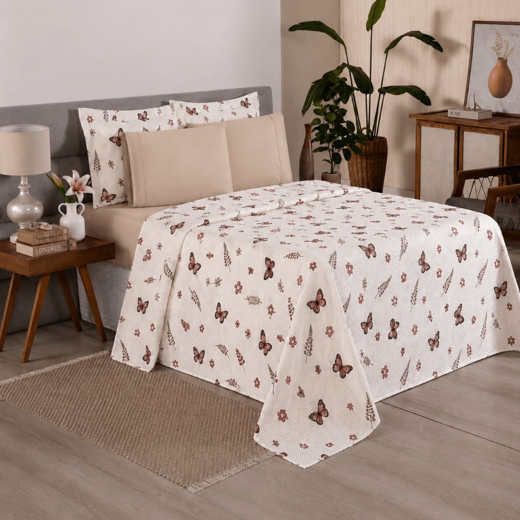 Kit Cobre Leito Queen Piquet 100% Algodão Estampada 6 Peças