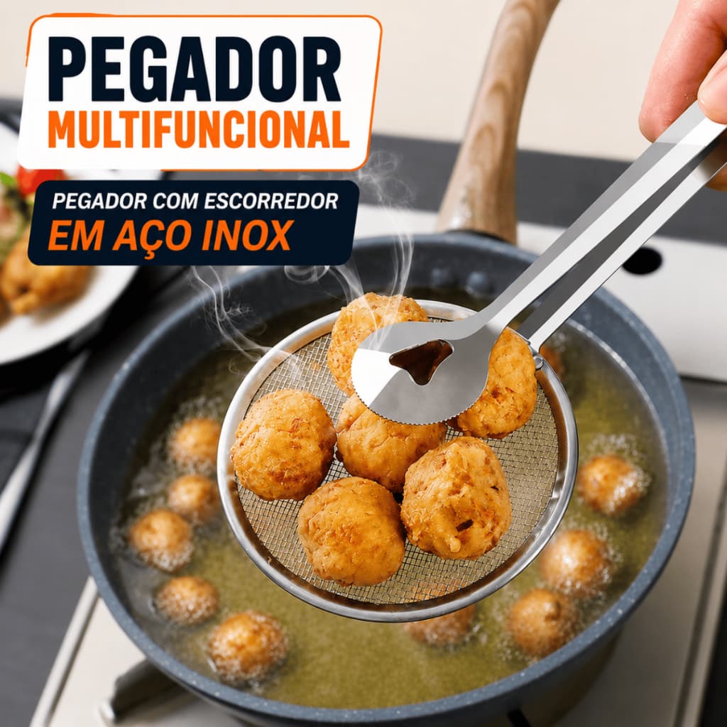 Pegador com Escorredor em Aço Inox Multifuncional para Frituras Alimentos Cozinha