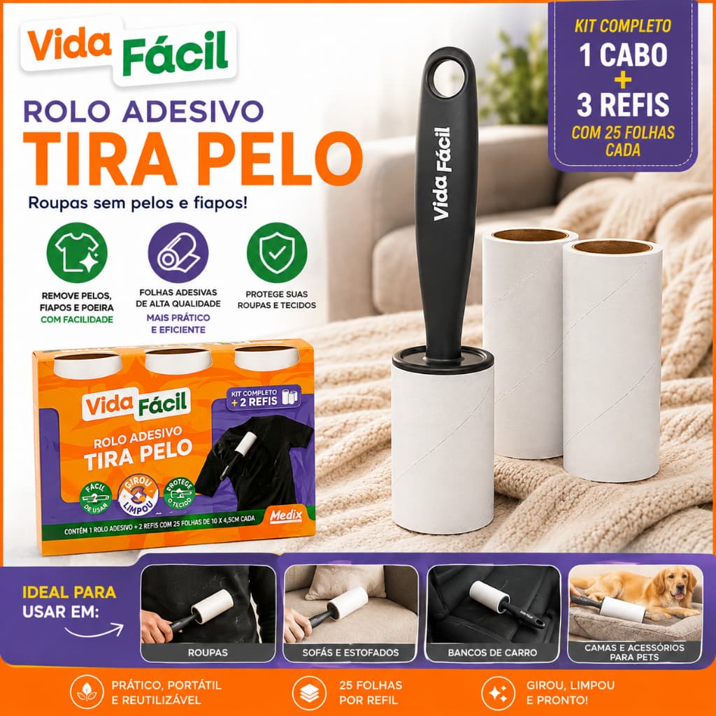 Rolo Tira Pelos Removedor de Pelos e Fiapos para Roupas 1 Cabo + 3 Refis 25 Folhas Cada