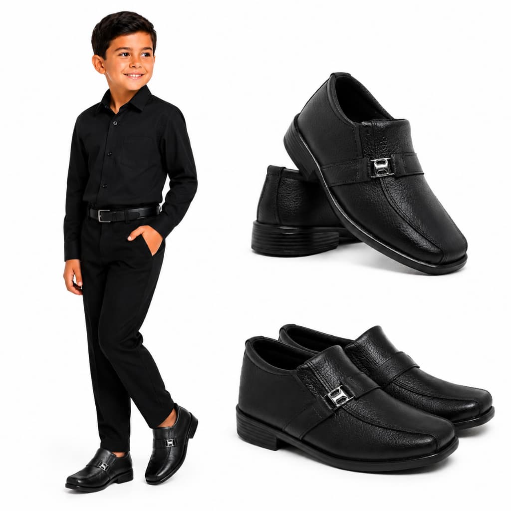 Sapato Social Infantil Masculino Preto Elegante Confortável Sem Cadarço Premium Sofisticado