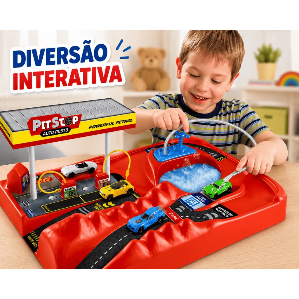 Pista Lava Rápido Infantil Auto Posto Com Bomba Manual E 2 Carrinhos
