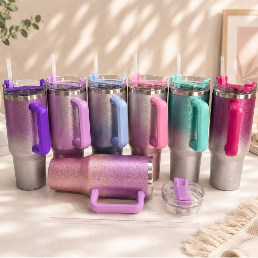 Garrafa Térmica Inox 1200ml com Glitter e Canudo Integrado